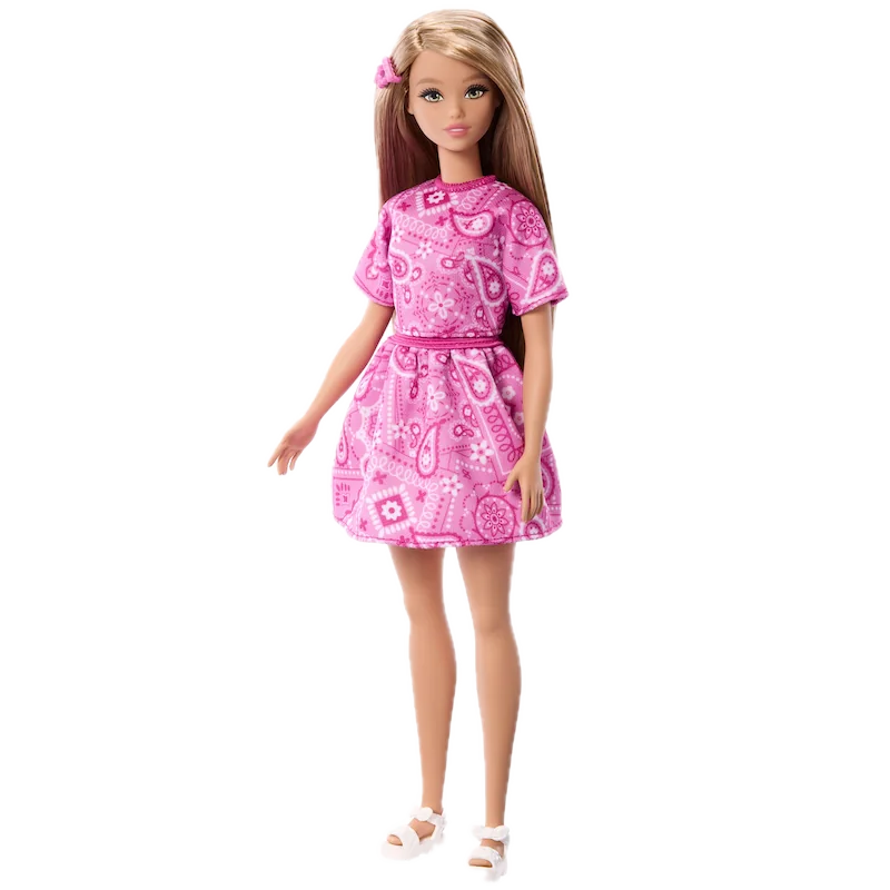 Muñeca Barbie de pelo largo con vestido rosa estampado