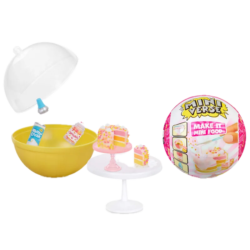 Cápsula sorpresa Miniverse Make It Mini Food abierta, con una mini tarta y sus accesorios