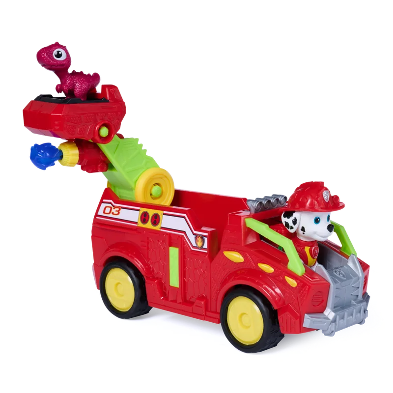 Camión de bomberos de Paw Patrol con el cachorro bombero al volante y un dinosaurio encima